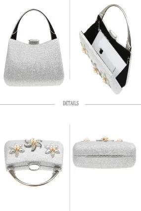Somptueux pochette avec fleur ornée de perles couleur gris